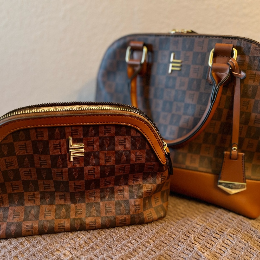 London Fog Dome Satchel Brown with Logo prints, medium sized includes makeup bag